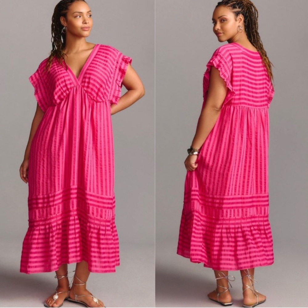 By Anthropologie V-Neck Ruffled Tiered Babydoll pink Stripe Dress